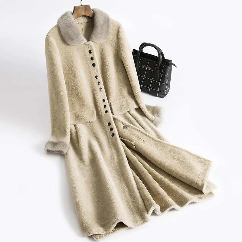 Coat Fur Real Female Mink Collar Sheep Shearling Winter Jacket Women Korean Wool Coats Suede Lining MY3744 s | Женская одежда