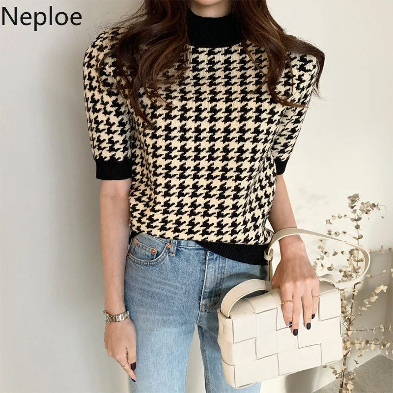 Женский вязаный свитер в клетку весна 2020 модные джемперы с круглым вырезом и