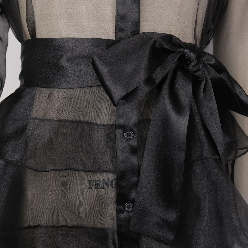 

shirt dress with long sleeves sexy sheer mesh ruffles woman transparent high waist belted ladies 2021 spring summer maxi dresses