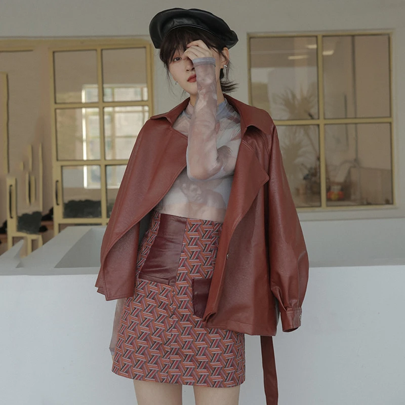 2020 Высококачественная Женская куртка из искусственной кожи с ремнем Офисная