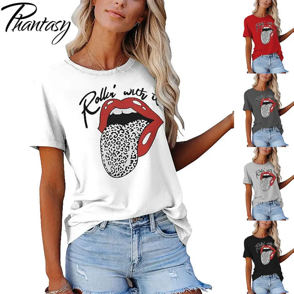 

Модный повседневный Топ Phantasy с коротким рукавом, леопардовый рисунок красные губы, новинка 2021, футболки, женские летние футболки с круглым в...