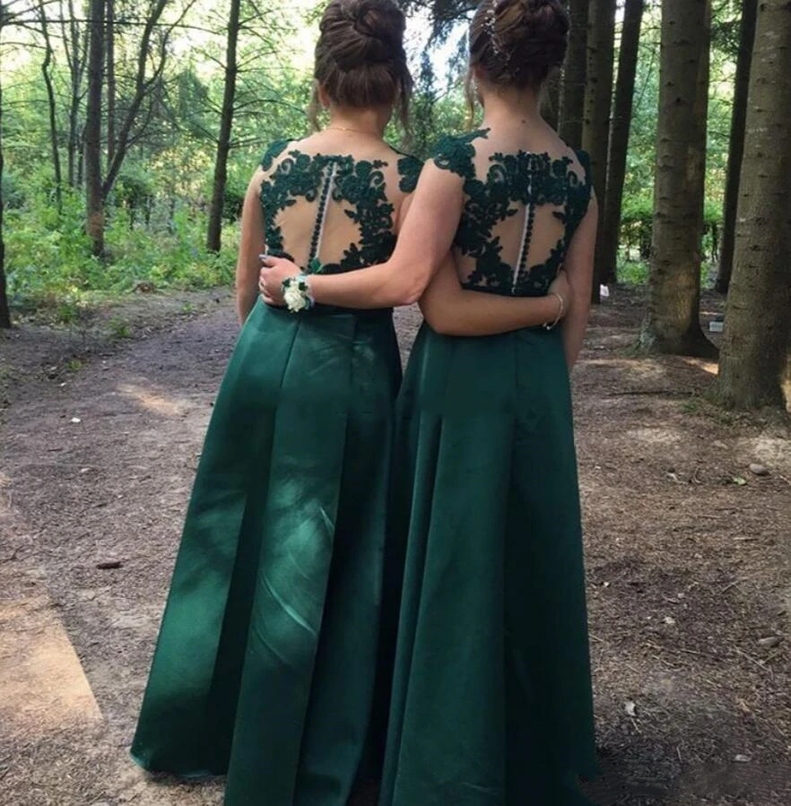 YiMinpwp Country Dark Green Bridesmaid Dresses Sheer Neck Illusion Appliques Floor Length Bohemian Beach Wedding Guest Gowns | Свадьбы и