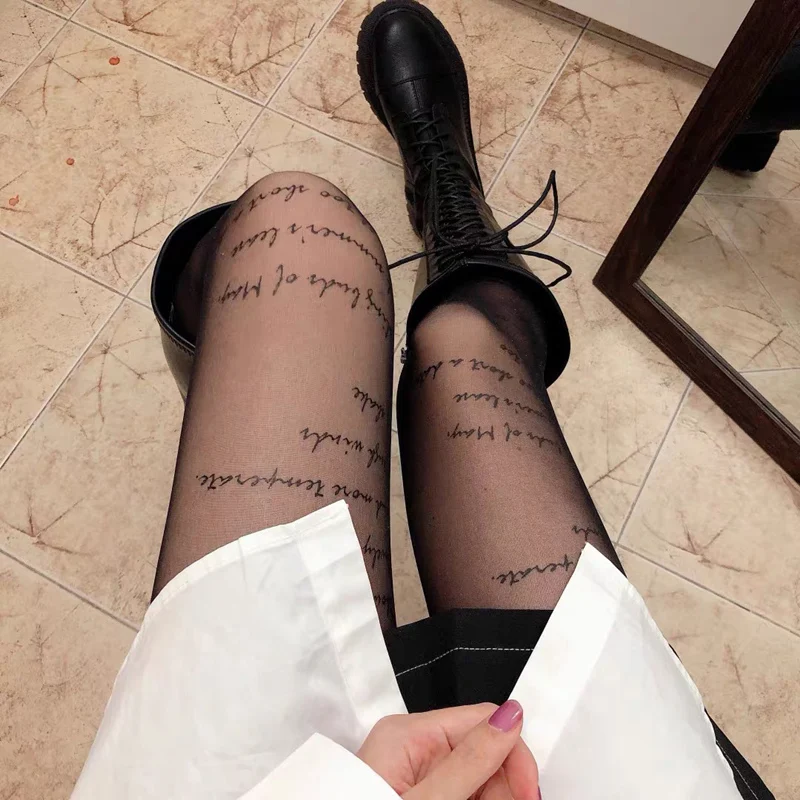 

Women Sexy Transparent Tights With Inscriptions Vintage Letter Printed Nylon Stockings Hot Fashion Tattoos Pantyhose