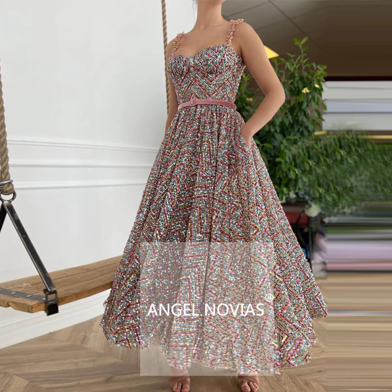 

New Arrival Ankle Length Glitter Sequin Evening Dress 2021 with Straps Dubai Moroccan Sexy Formal Prom Gowns