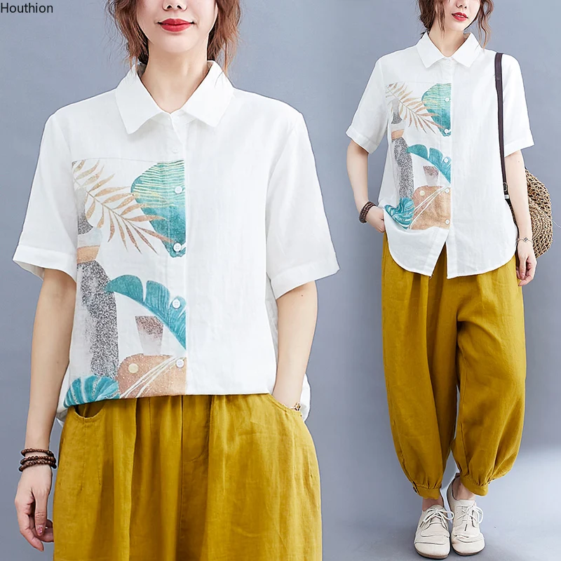 

Chiffon Loose Women's Shirts New Fashion Blouses Casual Short Sleeve Blusas Printing Buttons Polo-collar Shirts Summer Houthion