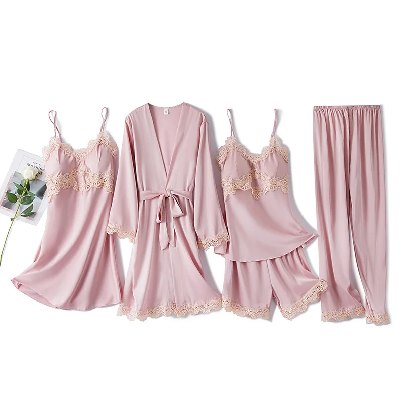 

Casual Satin Pajamas Suit 5PCS Sleepwear Sexy Sleep Set Women Nightwear Soft Intimate Lingerie Silky Nightgown Home Clothes
