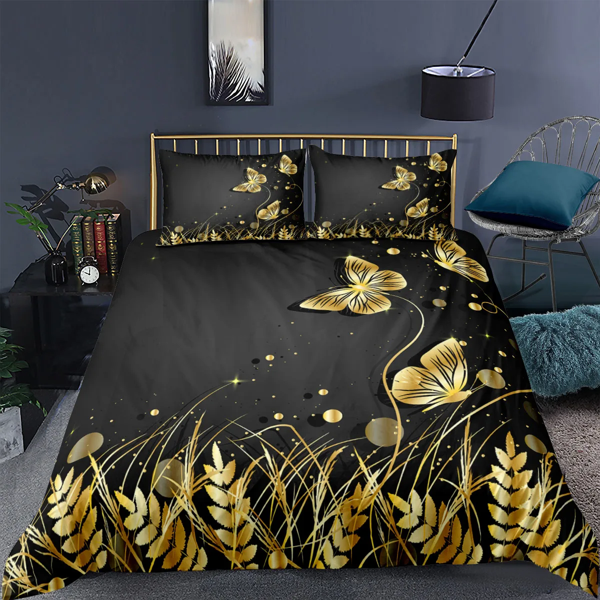 

Oentyo 3d Print Flower Bedding Gold Rose Duvet Cover With Zipper Set Black Bed Cover Floral Bedclothes 2/3pcs With Pillowcase