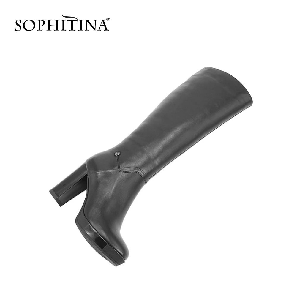 SOPHITINA/Лидер на осень и зиму 2019г.; Брендовая обувь из натуральной кожи черного цвета; Теплые сапоги до колена с молнием сбоку; Зимние женские сапоги на высоком каблуке и противоскользящей толстой подшве; B28