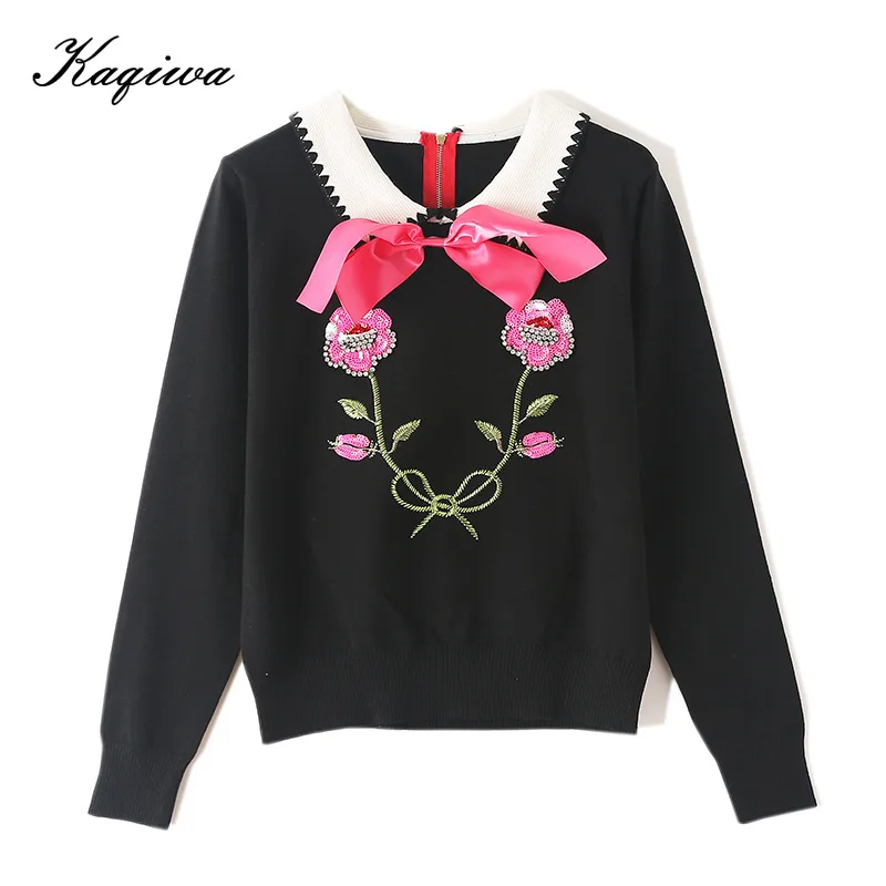 Женский вязаный свитер с длинным рукавом украшенный бантом на молнии длинными