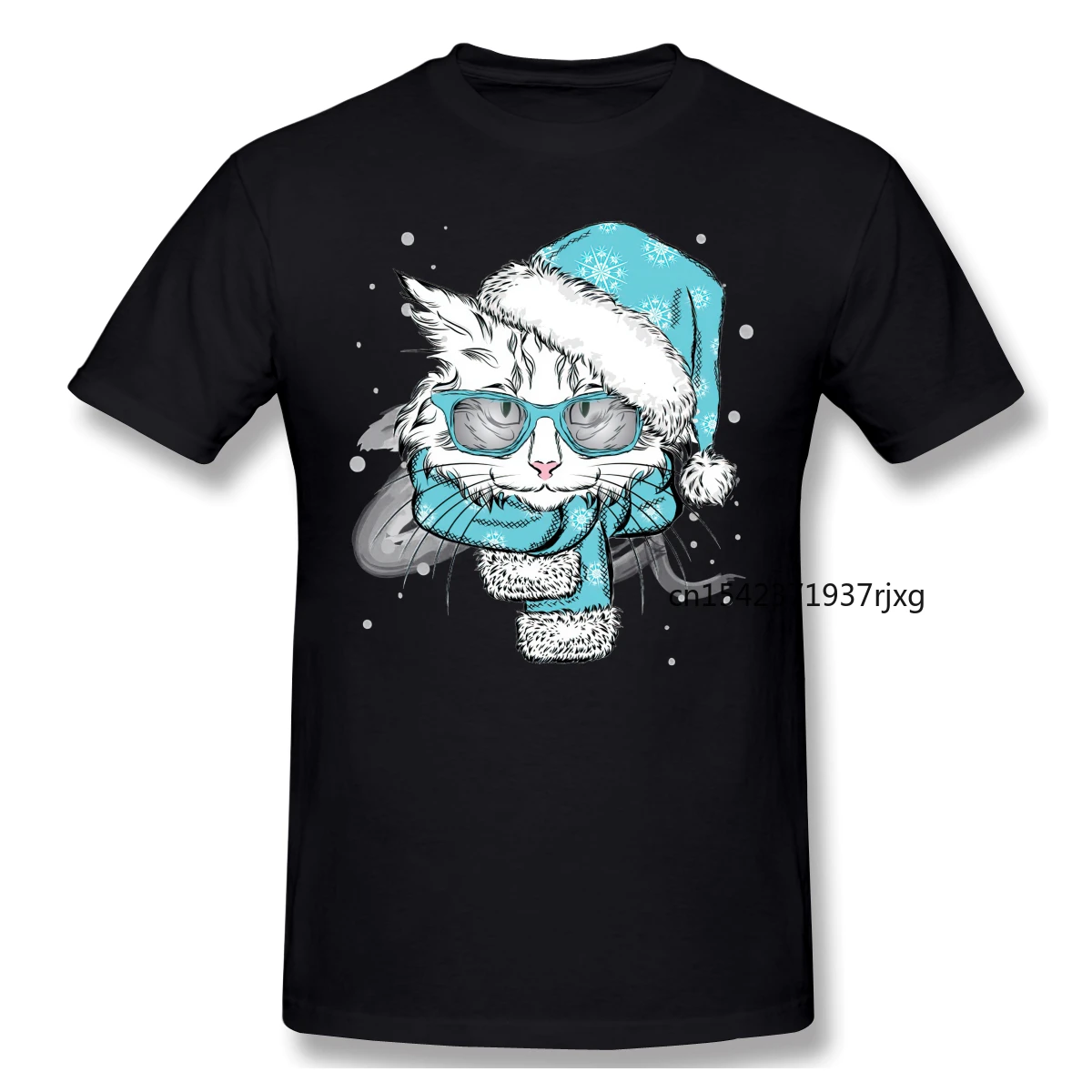 

2021 Fashion Cew A Funny Cat In A New Year'S Hat and Scarf Gift Cartoon Graphic Cool Short Sleeve T-Shirt Top