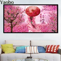 full square round drill 5d diy diamond painting cherry blossoms japanese girl 3d embroidery beads cross stitch mosaic rhinestone
