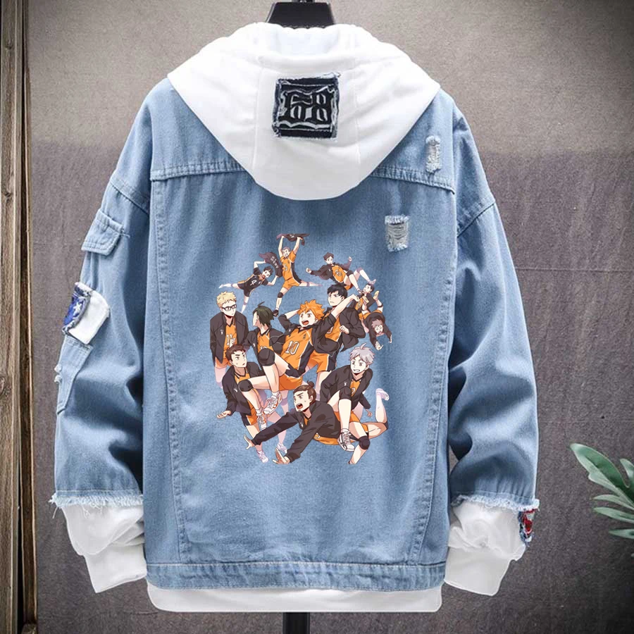 

Haikyuu Hinata Shoyo Cartoon Hoodie Jackets Japan Anime Street Mens Fake Two Denim Jacket Spring Autumn Funny Oversized Homme