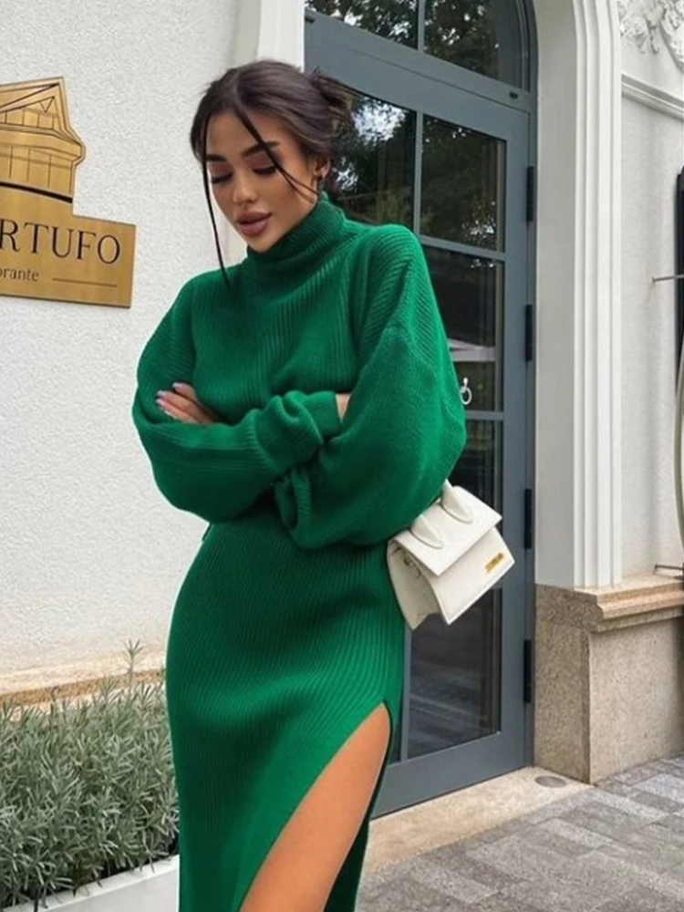 

Spring New Women Sweater Sets Turtleneck Loose Long Sleeve Pullover Tops + High Waist Split Sexy Long Skirt Knitted 2-Piece Sets