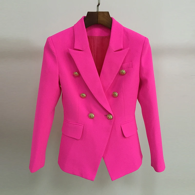 2021 Stylish Designer Blazer Women's Classic Double Breasted Metal Buttons Slim Fitting Jacket Hot Pink | Женская одежда
