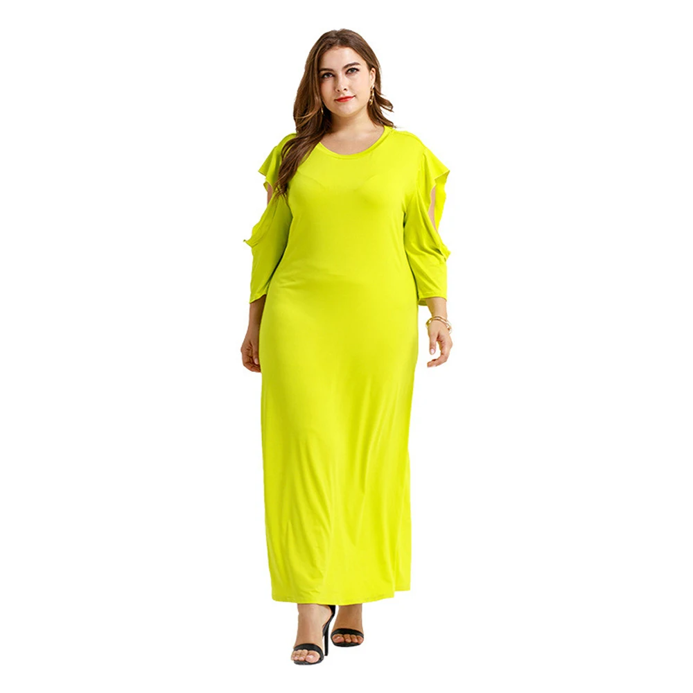 Plus Size Fluorescent Green Spring Dress American Clothing Women Casual Summer Hole Maxi Comfortable Dress Ankle Length Straight