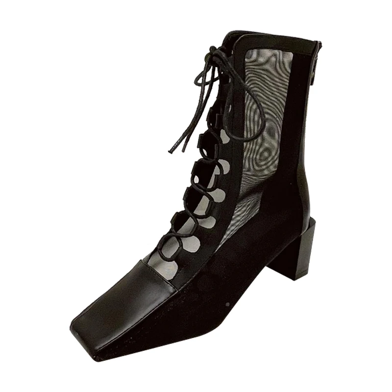 

White Boots Women New Rock Shoes Summer Mesh Boots Fashion Cross Strap High Heel Ankle Boots Low Heel Shoes Damen Schuhe