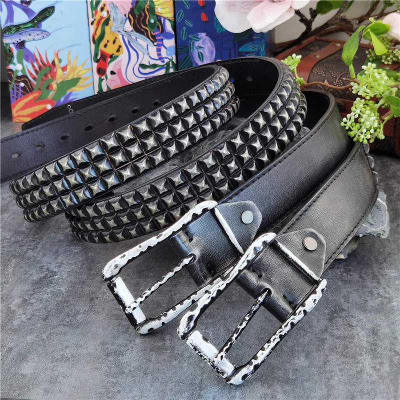

Men's Belt Rock Style Metal Cowboy Belt Vintage Western Jeans Rivet Punk Belt Black Waist Belts For Men Ceinture Homme MBT0593