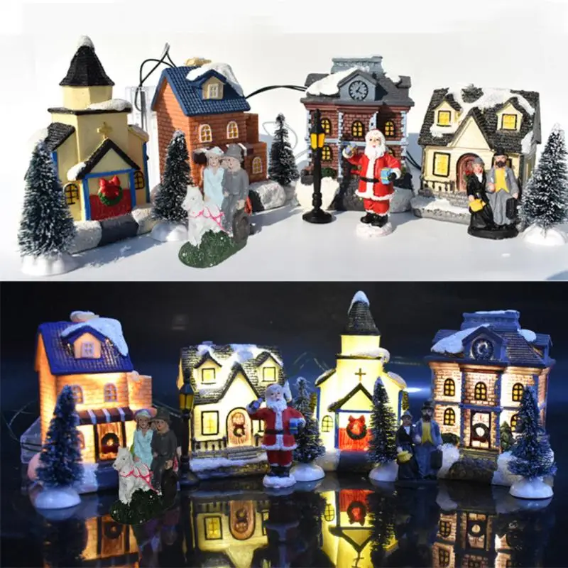 

Christmas Village Set 10Pcs Resin Christmas Scene Village LED Lighted Miniature Houses Town Christmas Village Houses Gift