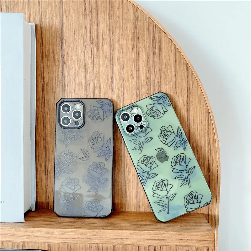 

Neon Color Rose Flower Phone Case for iPhone 11 12 Pro Max Mini X XR XS Max 7 8 Plus SE 2020 Clear Soft TPU Protection Cover