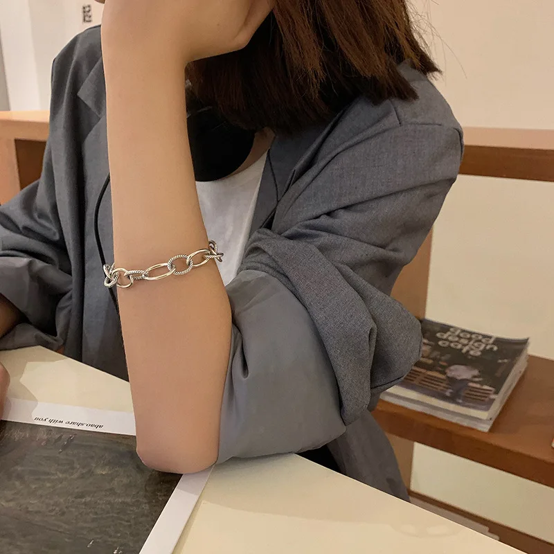 

YAOLOGE 925 Sterling Silver Fashion Retro Trend Big Circle Stitching Bracelet Female Temperament Simple All-Match Jewelry