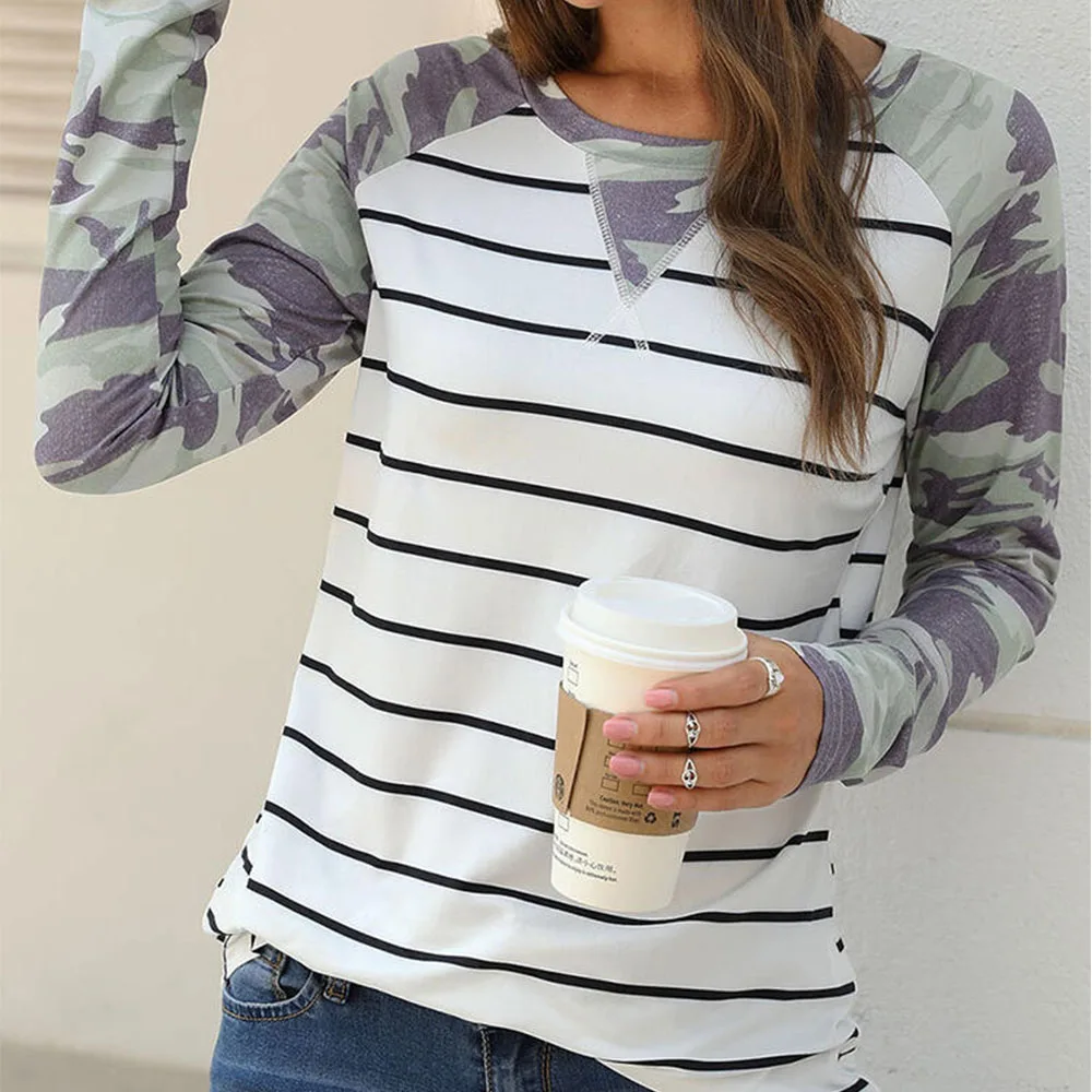 

Модная футболка в полоску с камуфляжным принтом для женщин; Коллекция 2021 года; Сезон осень; Топы с длинными рукавами и круглым вырезом; Повсе...