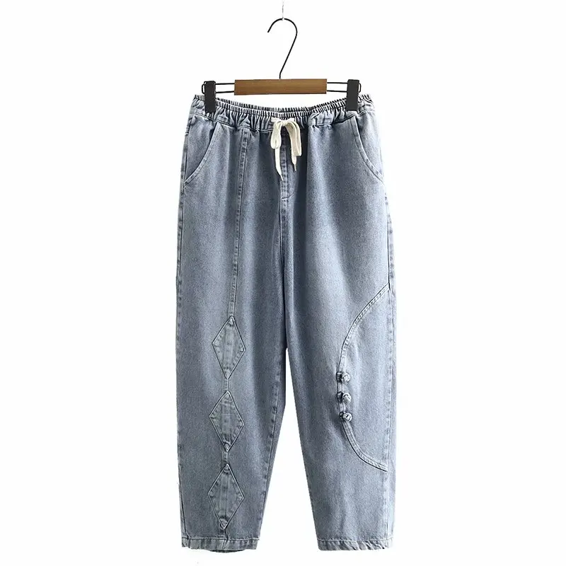 

Женские свободные джинсовые брюки, однотонные черные или синие повседневные брюки с поясом на резинке, новинка весны-осени 2021