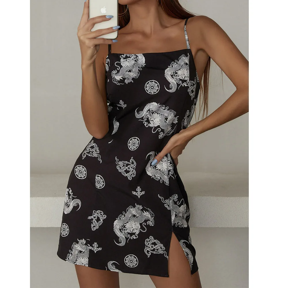 

Black White Animal Print Mini Dress Women Spaghetti Strap Side Split Sexy Short Dresses Summer Streetwear Temperament New 2021