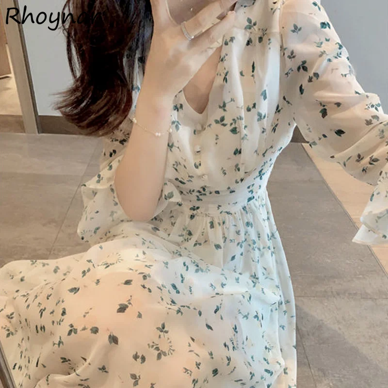 

Dresses Women Floral Midi Sweet Elegant Tender Fold V-neck Lined Chiffon Thin Flare Sleeve Ladies Vestido Feminino Soft Oversize