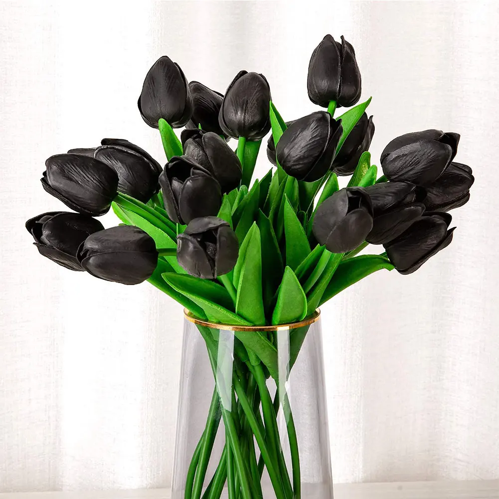 10 шт. розовом и черном цвете шелковые искусственные цветы тюльпаны один цветок