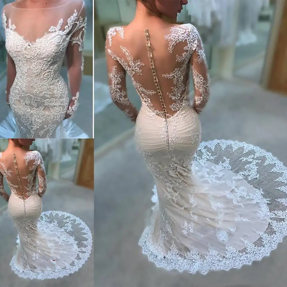 Великолепные Свадебные платья с длинным рукавом и юбкой годе кружевные