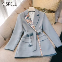 sispell patchwork print womens blazer coat lapel collar long sleeve lace up bowknot hit color loose for female coats fashion