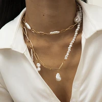 asymmetry imitation pearl pendant necklace collar for women fashion multi layered gold color link chain choker necklaces jewelry