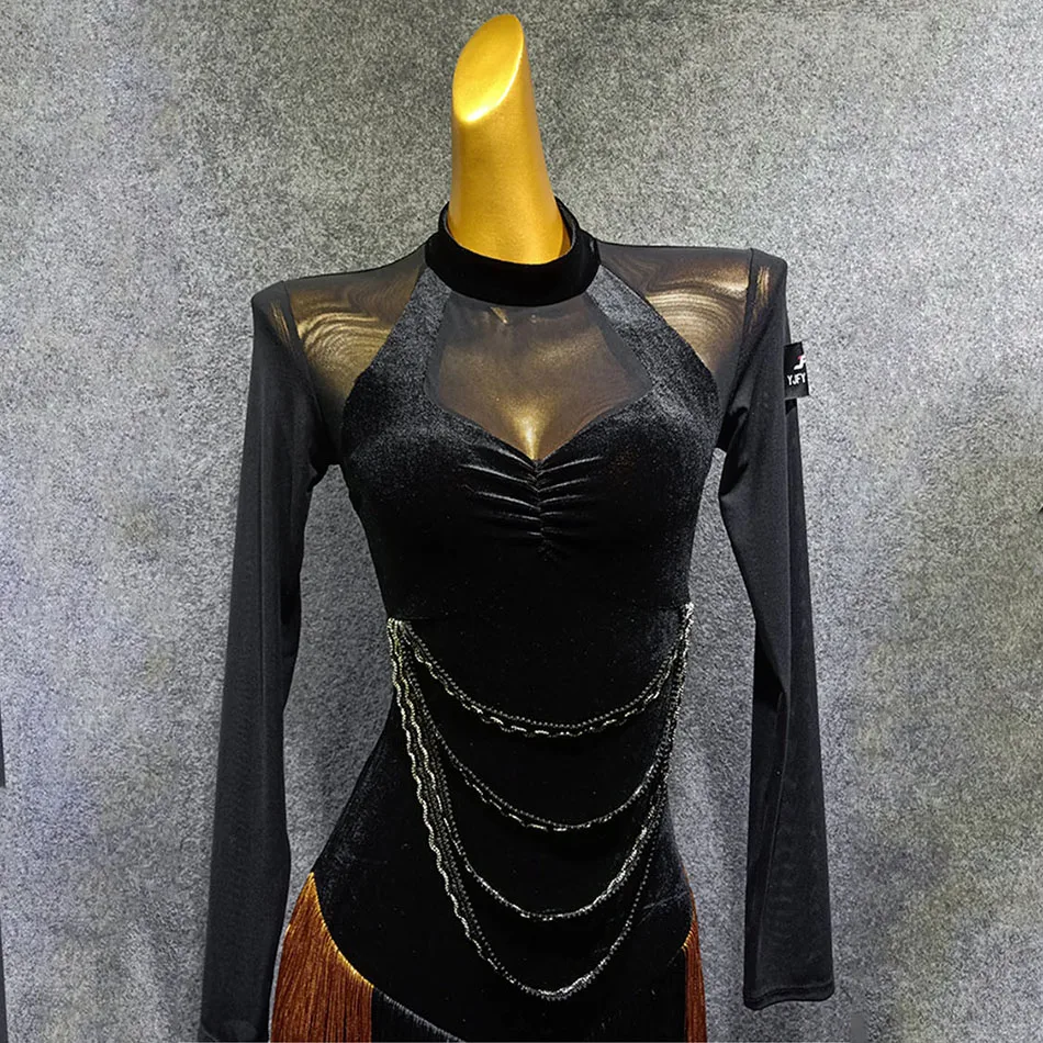 2020 New Long Sleeve Black And Yellow TasselLatin Dance Dress Dancing Performance Women Ballroom Samba Tango LP426 | Тематическая