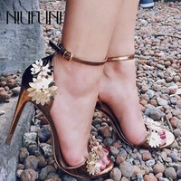 sexy bronze metal flower fine high heels womens pumps sandals open toe buckle women shoes fashion sandals stiletto solid color