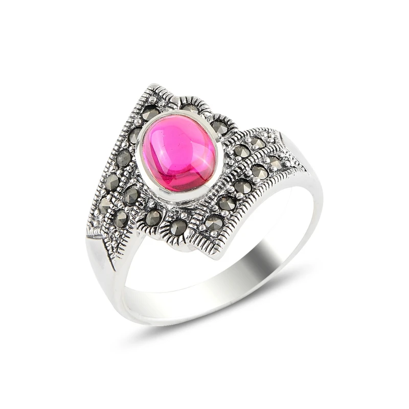 Silverlina Silver Ruby Zircon & Marcasite Ring