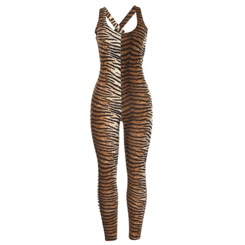 

Ladies Sexy Printed Leopard Jumpsuits High Quality Elastic Skinny Fitness Jumpsuit Back Bandage Hollow Out Rompers For Female