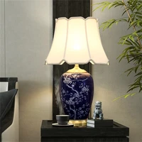 ourfeng led table lamp blue ceramic copper luxury desk light fabric bedside decorative for home dining room bedroom office