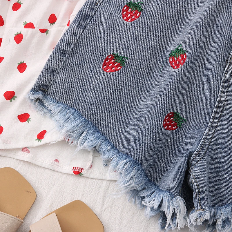 Женские джинсовые шорты с завышенной талией и принтом клубники|Женские шорты| |