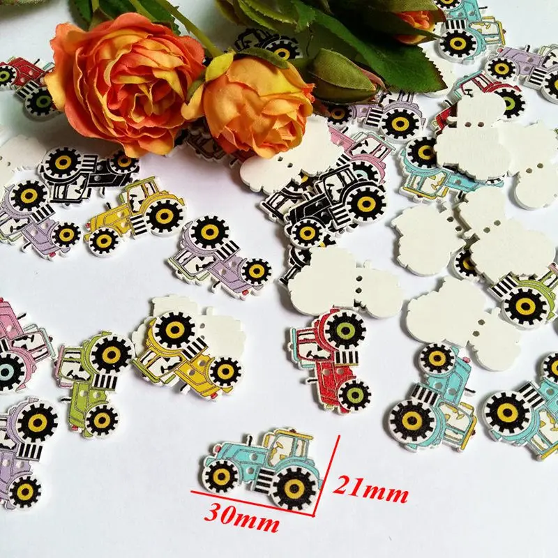 

50pcs/lot tractor Buttons Wooden Buttons For Craft Sewing Decorative Buttons 2-Hole Scrapbooking Randomly Mixed buttons