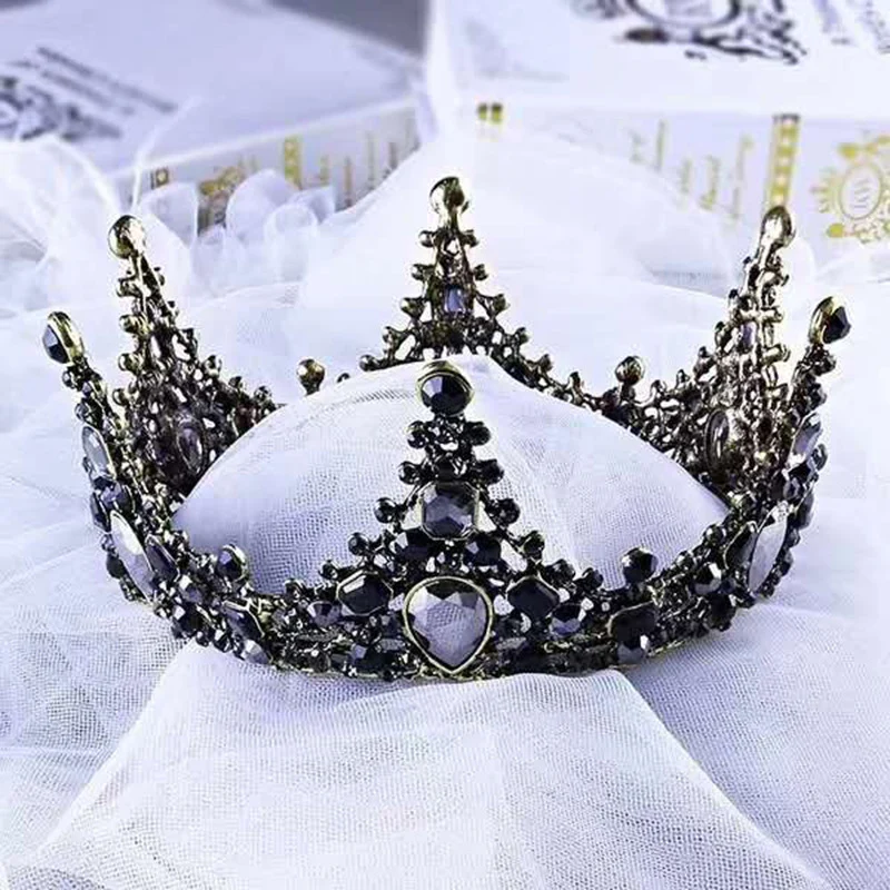

Black Color Crystal Round Baroque Tiara Bridal Wedding Hair Accessories Queen Princess Diadem Cake Ornaments