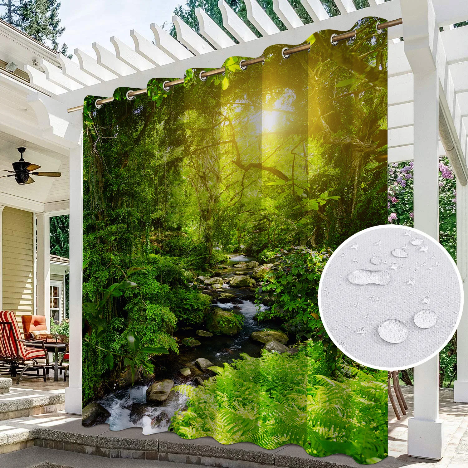 

New 3D Printing Waterproof Outdoor Curtain Rustproof Grommet Top Window Curtain Drapes for Porch,Pergola and Sun Room