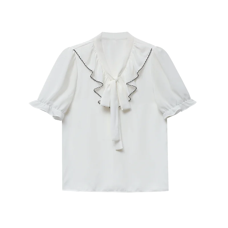

2021 summer new sweet chiffon shirt female cute short-sleeved ruffled scarf collar elegant thin top