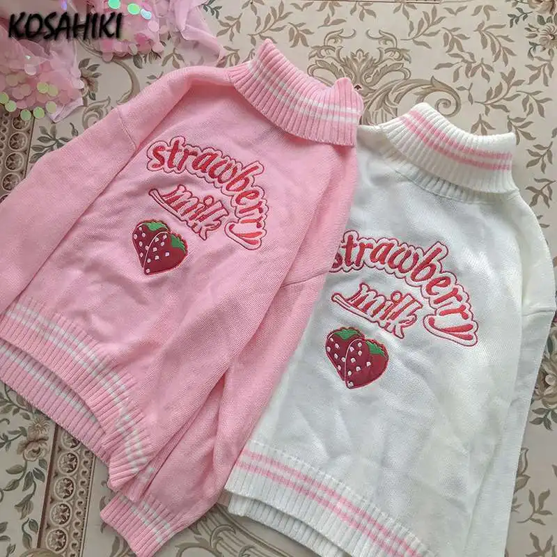

KOSAHIKI Women Sweater Japanese Kawaii Ulzzang Strawberry Embroidery Ins Female Turtleneck Jumper Korean Harajuku Clothing