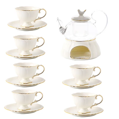 with 6pcs cups Горячая английский послеобеденный чай керамический стеклянный цветок чайный набор для фруктов чайный горшок Европейский стиль чайный горшок нагревающий чайный горшок набор - Цвет: with 6pcs cups