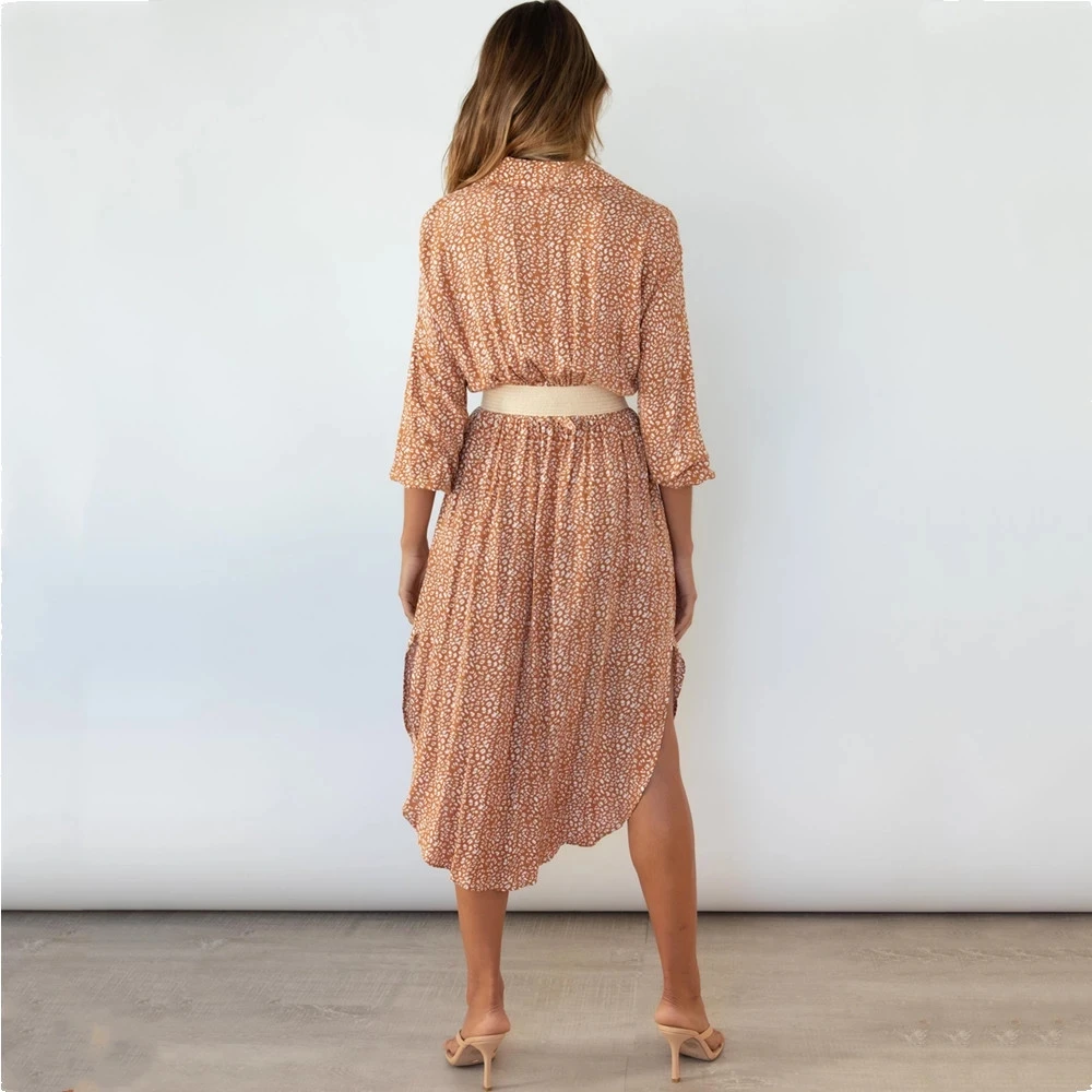 Женское платье с леопардовым принтом Повседневное длинным рукавом разрезом в