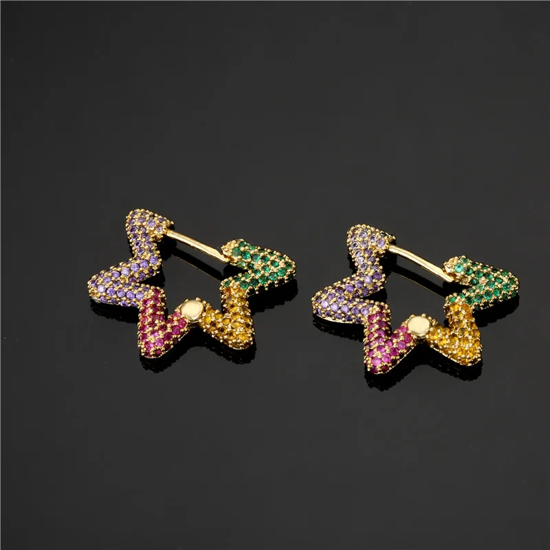 Женские серьги-кольца с фианитами золотистые серьги закрепкой в форме звезды