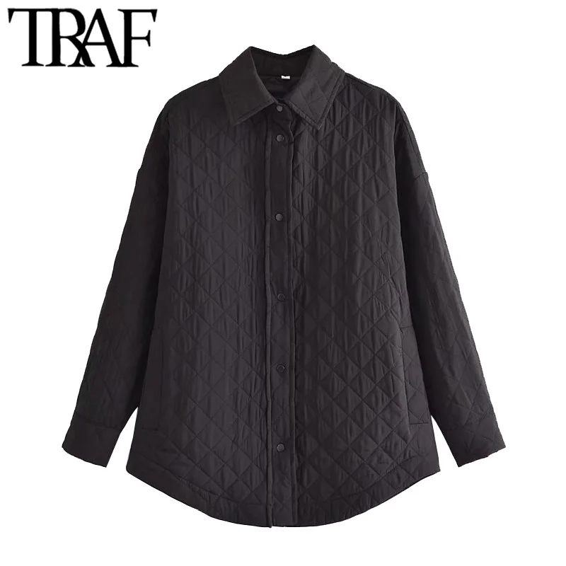 

TRAF Women Fashion Oversized Argyle Thin Padded Jacket Coat Vintage Long Sleeve Pockets Female Outerwear Chic Overshirt
