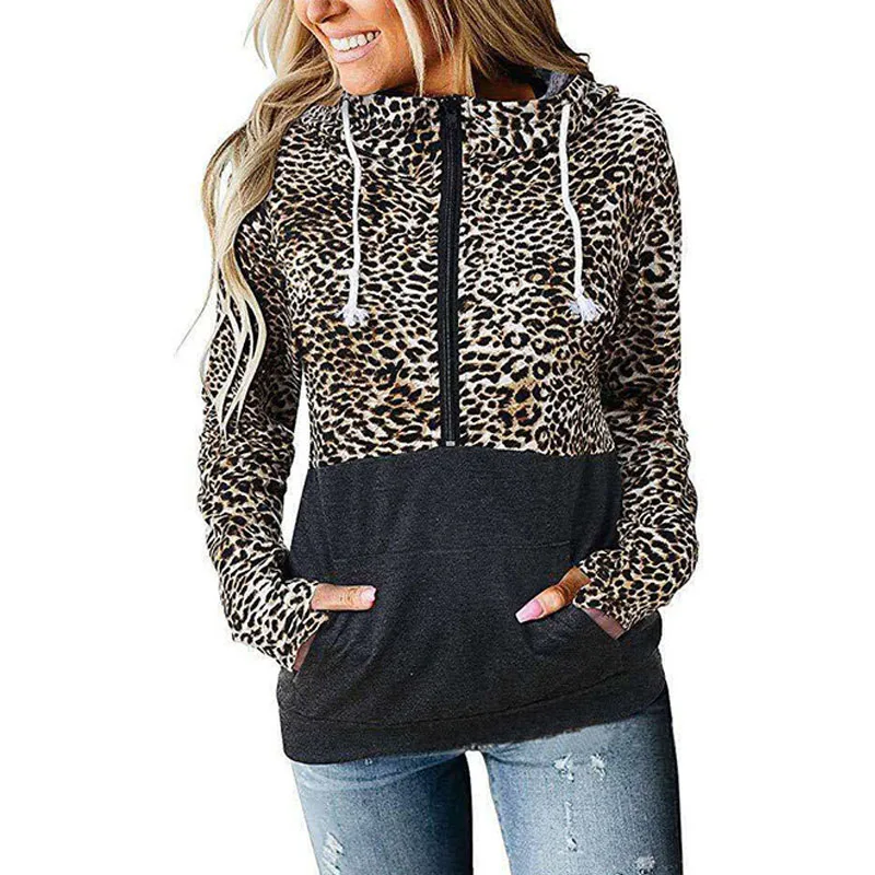 

Leopard Camouflage Print Patchwork Zipper Pocket Tops Women Long Sleeved Loose Hooded Sweatsirt Fashion Casual Pullovers Hoodies