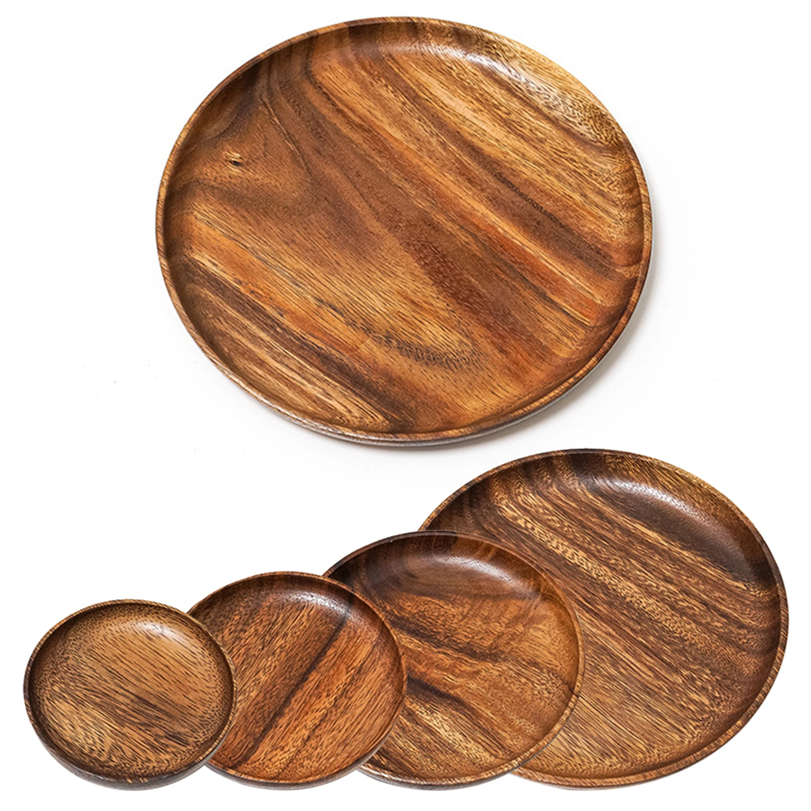 

Hand-made Wood Acacia Dinner Plates Unbreakable Round Wood Plates for Fruits Dishes Snacks Dessert Serving Tray Tableware
