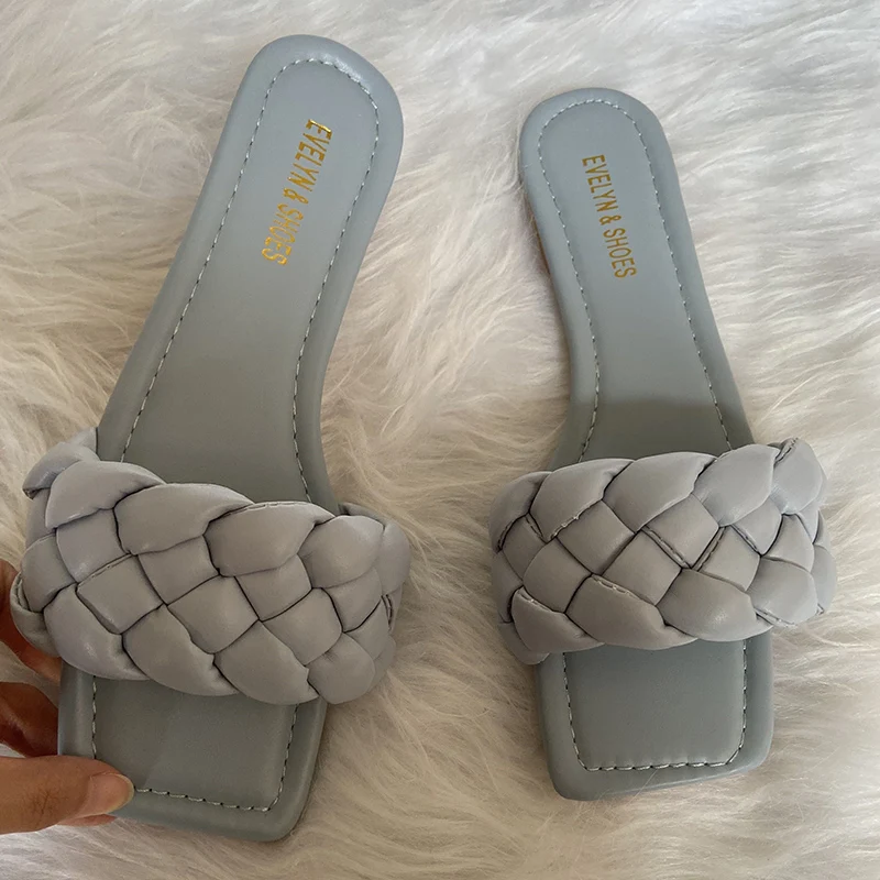 

2021 Summer Women Green Flats Slides Leather Weave Mules Platform Slippers Lady Purple Blue Slaps Luxury Replica Designer Shoes